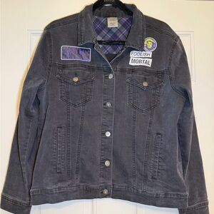 Disney themed Haunted mansion Black Washed Denim Jean Jacket  with Patches sz lg